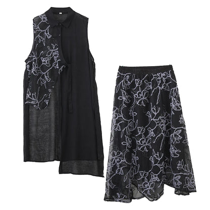 XITAO Embroidery Patchwork Irregular Sets Gauze Sleeveless Turn-down Collar Elastic Waist Temperament Elegant Woman Sets ZMY1267