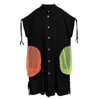XITAO Contrast Color Pocket Rivet Patchwork Women Dress Shirring Short Sleeve Turn-down Collar Temperament Shirt Dress ZY8942