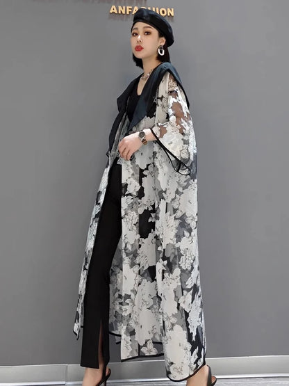 XITAO Hooded Gauze Patchwork Trench Print Half Sleeve New Temperament Casual Loose All-match Summer Cardigans Trench ZMY1279