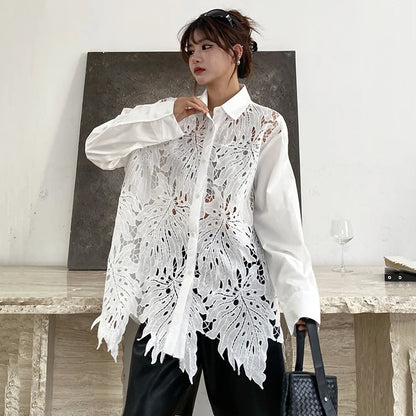 XITAO Irregular Patchwork Hollow Out Shirt Loose Asymmetric Long Sleeve Turn-down Collar Women Slimming Temperament Top GYX1613