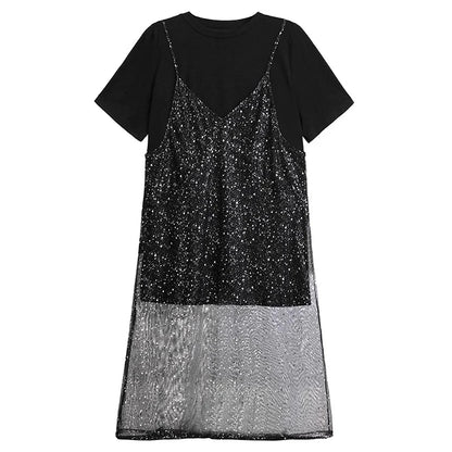 XITAO Sequin Mesh O-neck Dress Casual Loose Fitting A-line Hong Kong Elegant Fashion Personality Summer Women Dress ZMY1235