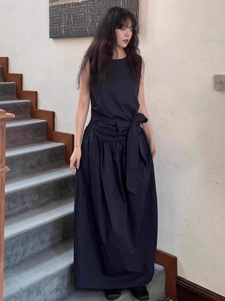 XITAO Solid Color Sleeveless Dress Drawstring Simple O-neck Loose Personality New Arrival Slimming Summer Woman Dress ZMY1400
