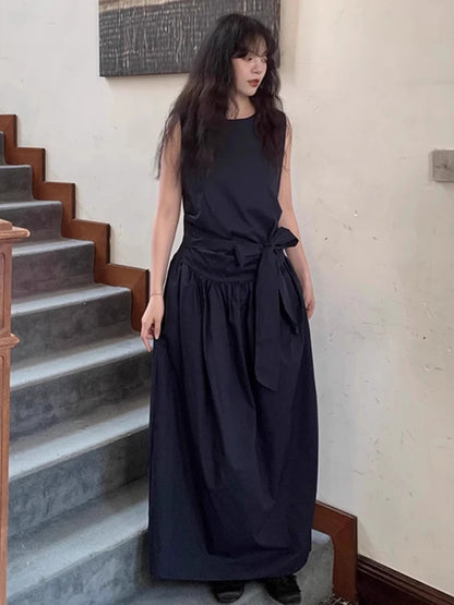 XITAO Solid Color Sleeveless Dress Drawstring Simple O-neck Loose Personality New Arrival Slimming Summer Woman Dress ZMY1400