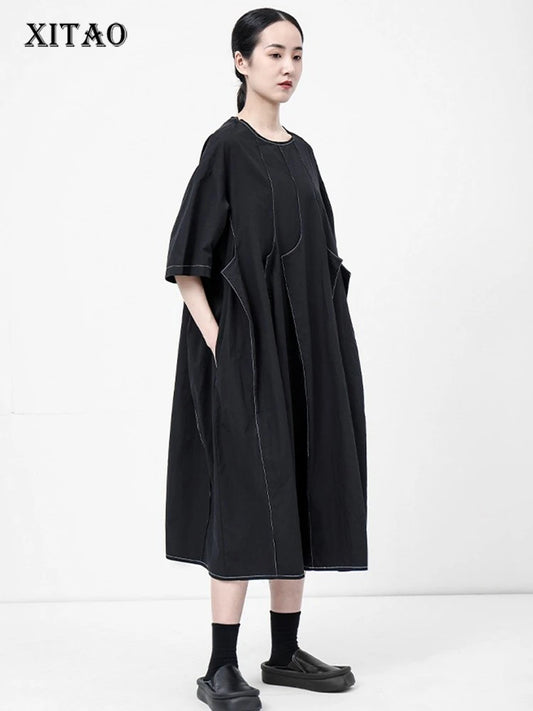 XITAO Asymmetrical O-neck Dress Casual A-line Loose Fitting A-line Slimming Fashion Half Sleeve Summer Women Dress ZMY1369
