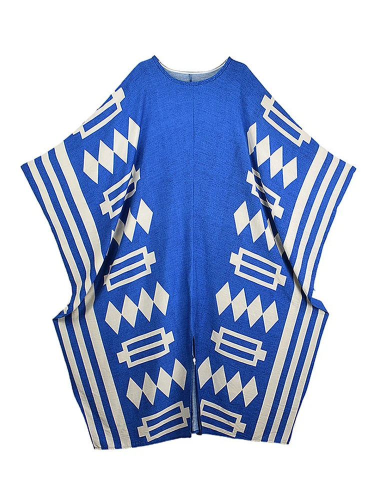 XITAO A-line Print O-neck Dress Bat Wing Sleeve Temperament Slimming Side Slit Print Personality Summer Female Dress GJ1190