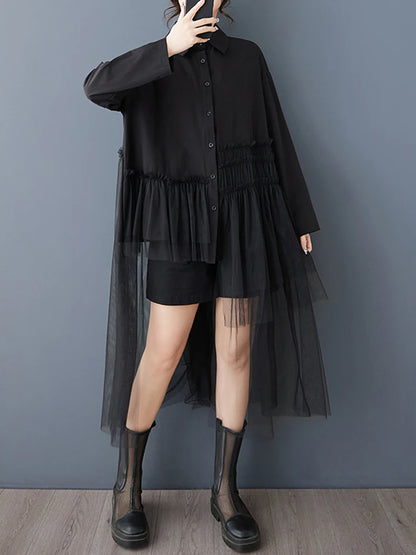 XITAO Irregular Patchwork Mesh Pleated Dress Casual Turn-down Collar Single Breasted Buckle Full Sleeve New Women Dress GYX1509