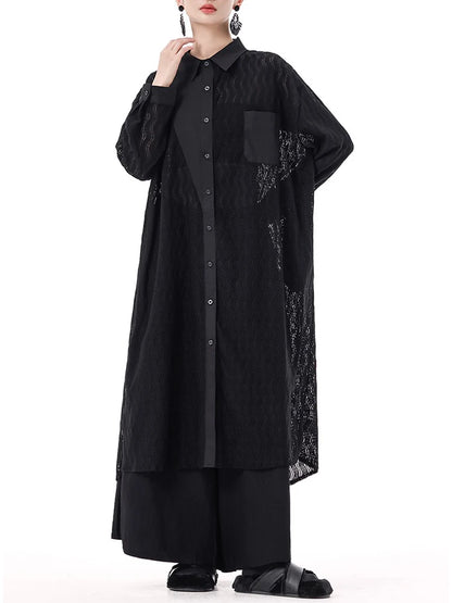 XITAO Patchwork Mesh Lace Single Breasted Dress Solid Color Turn-down Collar Full Sleeve Hong Kong Spring Women Dress GYX1508
