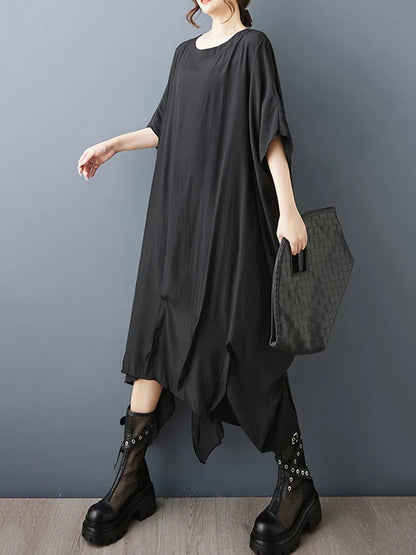XITAO Asymmetrical Solid Color Patchwork Dress Loose Pullover Bat Wing Sleeve Temperament Summer Woman Slimming Dress ZMY1349