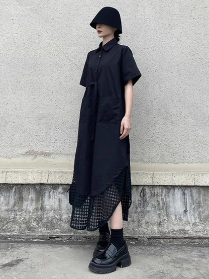 XITAO Pocket Bandage Irregular Female Dress Patchwork Hollow Out Solid Color Loose Slimming Summer Woman Shirt Dress ZMY1237