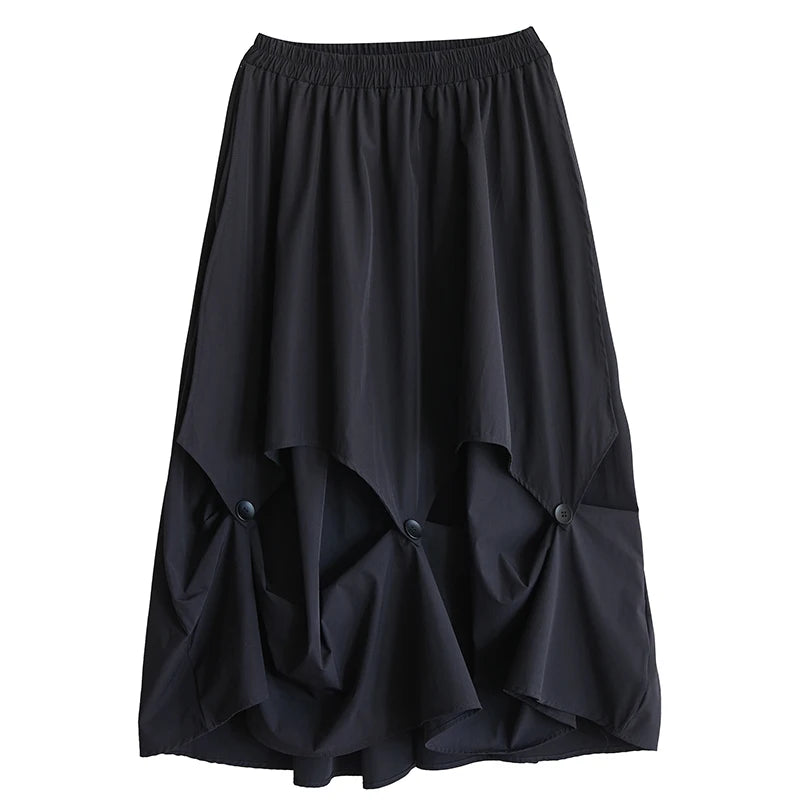 XITAO Patchwork Bud Button Elastic Waist Skirt Casual Loose Fitting A-line Personality Solid Color Summer Women Skirt  ZMY1070
