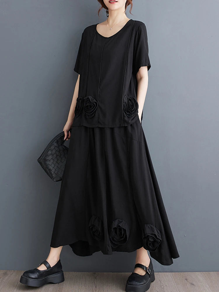 XITAO Floral O-neck Asymmetric Matching Set Casual Solid Color Elastic Waist A-line Short Sleeve Fashion Women Set GYX1573