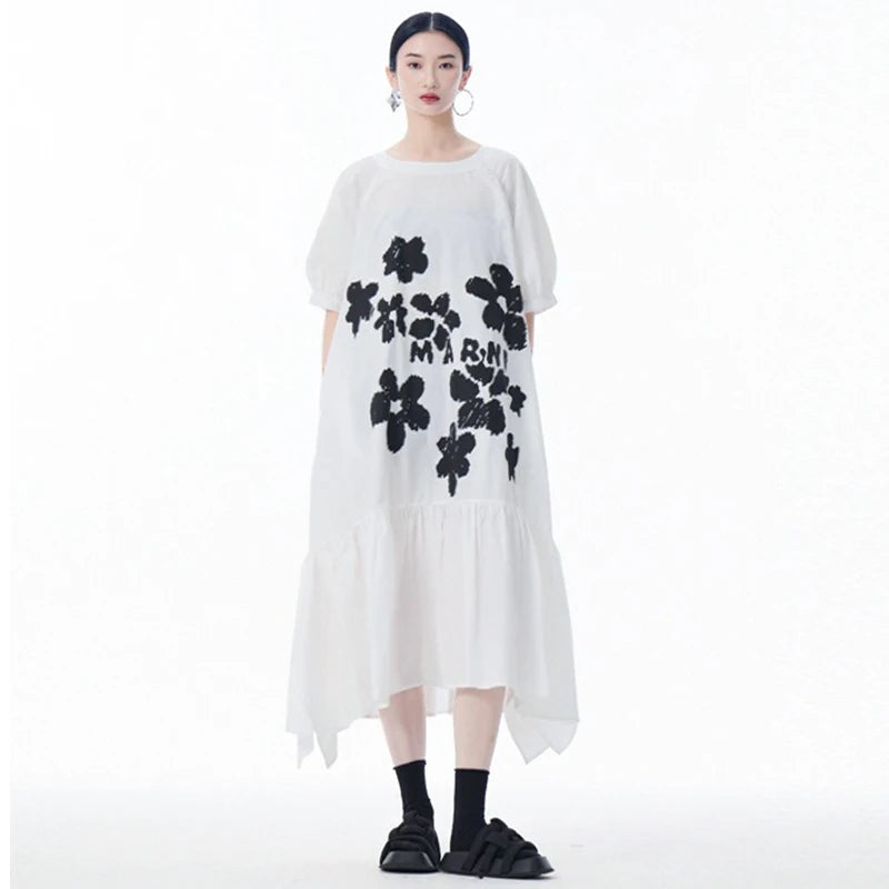 XITAO Ruffles Flower A-line Dress Puff Sleeve Casual Loose Fitting Vintage New Chinese Style Slimming Summer Women Dress ZY8933