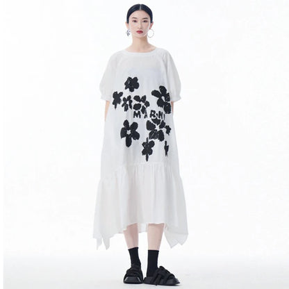 XITAO Ruffles Flower A-line Dress Puff Sleeve Casual Loose Fitting Vintage New Chinese Style Slimming Summer Women Dress ZY8933