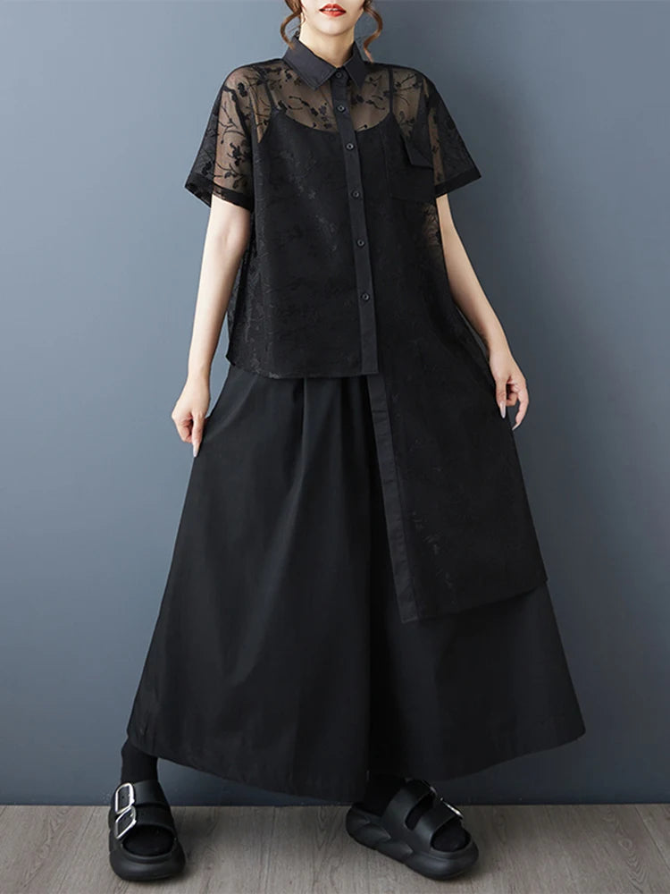 XITAO Asymmetrical Turn-down Collar Dress Single Breasted Solid Color A-line Patchwork Mesh New Summer Women Dress ZMY1360