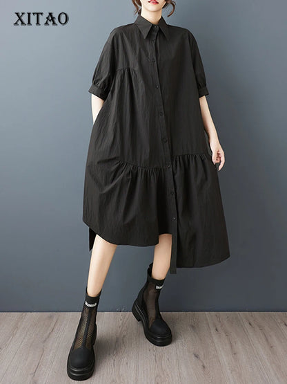 XITAO Asymmetrical Solid Color Female Dress Loose Turn-down Collar Short Half Sleeve A-line Single Breasted Woman Dress ZMY1264