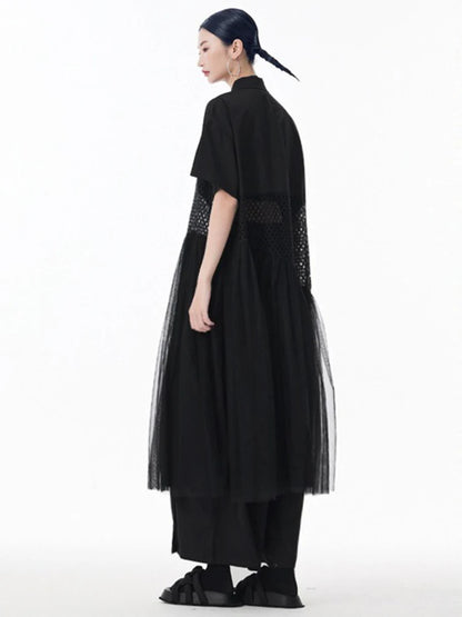 XITAO Patchwork Mesh Lapel Hollow Out Dress Casual A-line Short Sleeve Single Breasted Turn-down Collar Female Dress GYX1583