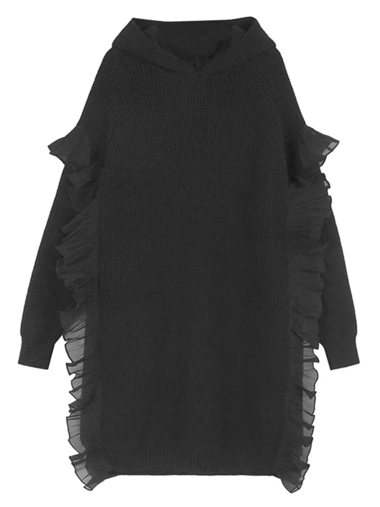 XITAO Hooded Ruffles Casual Solid Color Dress Full Sleeve Straight Pullover Knee-length Knitting Sweet Autumn Dress GMM1273
