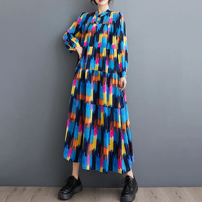 XITAO Vintage Loose Print Dress Casual All-match Contrast Color Women Spring New Trend Long Sleeve Stand Collar Dress DMJ4069