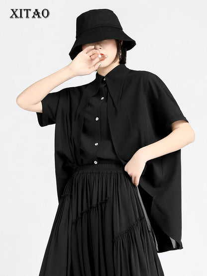 XITAO Asymmetrical Female Shirt Casual Loose Fitting Turn-down Collar Short Sleeve Solid Color Summer Women Blouse ZMY1202