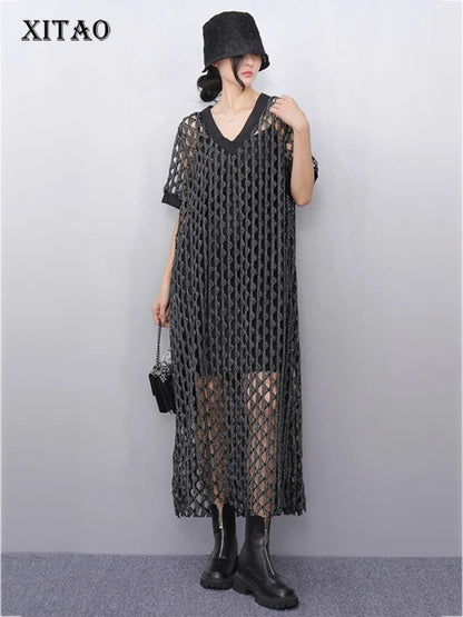 XITAO Hollow Out V-neck A-line Dress Short Sleeve Casual Loose Slimming All Match New Personality Summer Women Dress HQQ2467