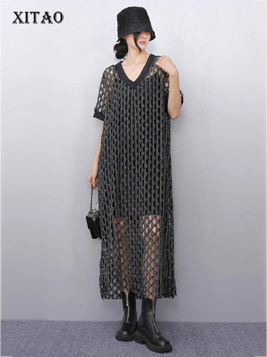 XITAO Hollow Out V-neck A-line Dress Short Sleeve Casual Loose Slimming All Match New Personality Summer Women Dress HQQ2467