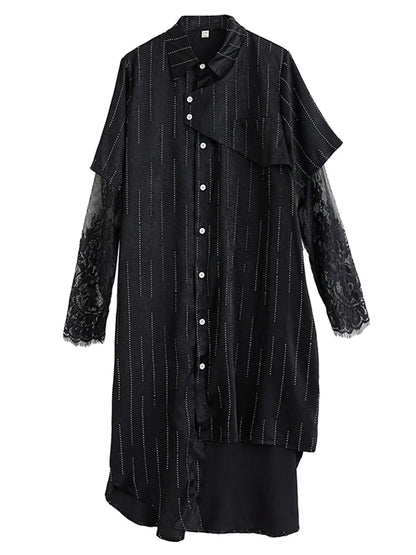 XITAO Lace Patchwork Asymmetrical Dress Single Breasted Turn-down Collar Long Sleeve Side Split Casual Temperament Dress ZMY1322