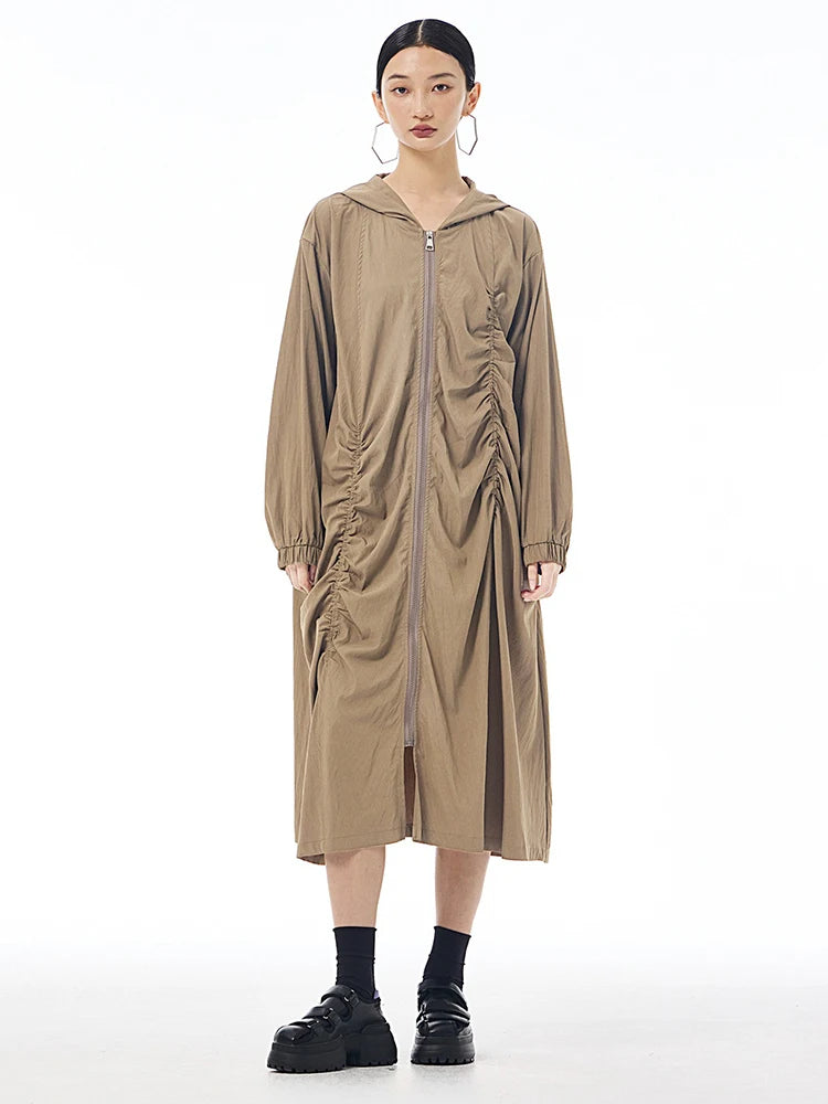 XITAO Pleated Zipper Hooded Full Sleeve Dress Loose Fitting A-line Vintage Japanese Style Leisure Spring Women Dress HQQ2440