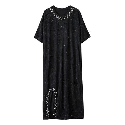 XITAO Vintage Asymmetric O-neck Dress Fashion Bead Patchwork Women Summer Solid Color Slimming Temperament Dress HQQ2481