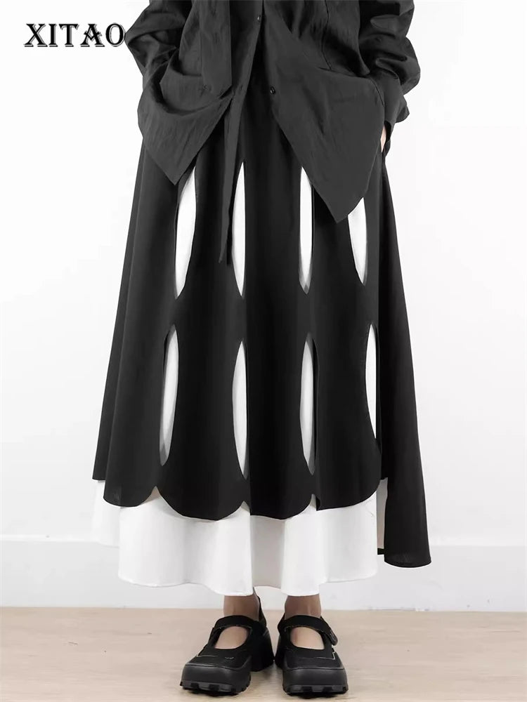 XITAO Hollow Out Contrast Color Pocket Skirt Elastic Waist Patchwork A-line Loose Personality Mid-calf Casual Skirt HQQ2441