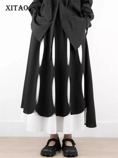 XITAO Hollow Out Contrast Color Pocket Skirt Elastic Waist Patchwork A-line Loose Personality Mid-calf Casual Skirt HQQ2441