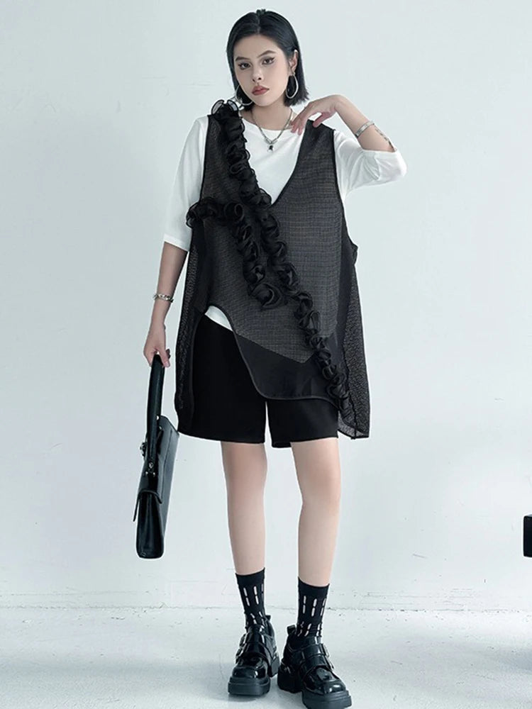 XITAO Asymmetric Flower Patchwork Vest Personality V-neck Irregular Solid Color All-match Women Simple Temperament Top HQQ2478