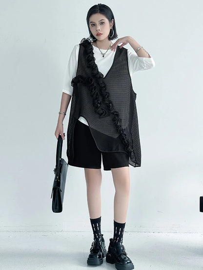 XITAO Asymmetric Flower Patchwork Vest Personality V-neck Irregular Solid Color All-match Women Simple Temperament Top HQQ2478