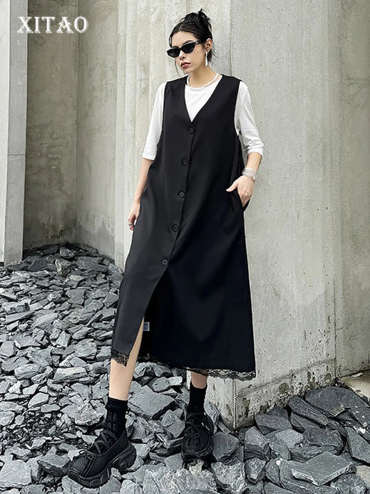 XITAO Lace Patchwork V-neck Sleeveless Dresses Solid Color Single Breasted Pocket Fashion All Match 2024 Summer Casual HQQ2306