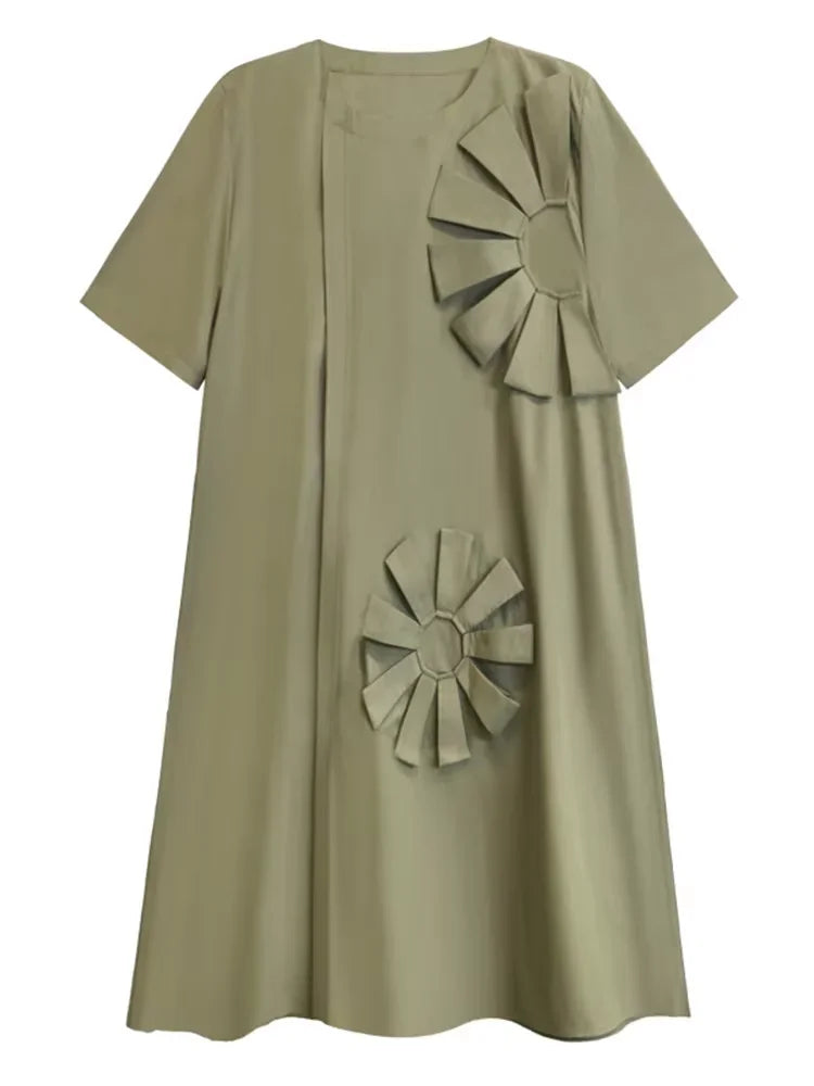 XITAO Three-dimensional Decoration Patchwork Dress O-neck Solid Color Short Sleeve Pullover Loose Slimming Dress Autumn GYX1034