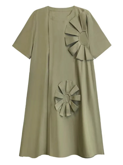 XITAO Three-dimensional Decoration Patchwork Dress O-neck Solid Color Short Sleeve Pullover Loose Slimming Dress Autumn GYX1034