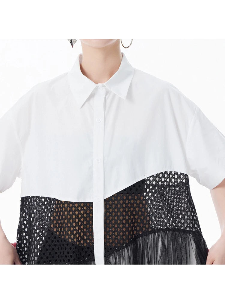 XITAO Patchwork Mesh Lapel Hollow Out Dress Casual A-line Short Sleeve Single Breasted Turn-down Collar Female Dress GYX1583