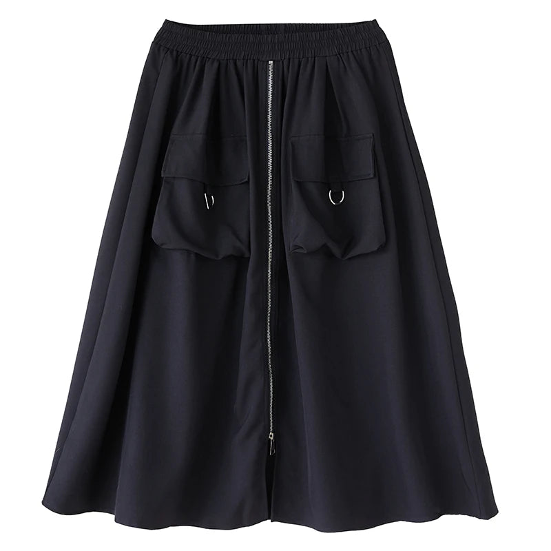 XITAO Zipper Pocket Patchwork Split Skirt Solid Color Elastic Waist Loose Mid-calf Casual Personality Slimming Skirt GYX1559
