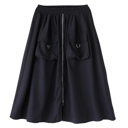 XITAO Zipper Pocket Patchwork Split Skirt Solid Color Elastic Waist Loose Mid-calf Casual Personality Slimming Skirt GYX1559