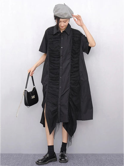 XITAO Irregular Patchwork Lace Mesh Female Dress Contract Color Loose Sweet Pleated Short Sleeve Summer Women Dress GYX1644