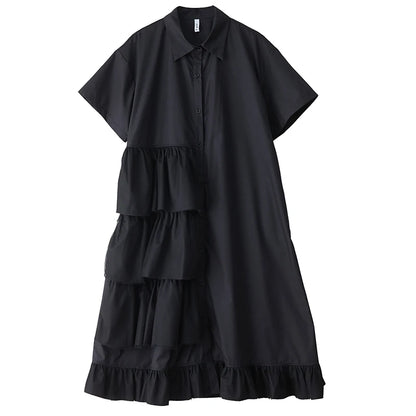 XITAO Patchwork Mesh Pleated Dress Turn-down Collar Casual Solid Color Short Sleeve Loose Fitting Summer Female Dress ZMY1069
