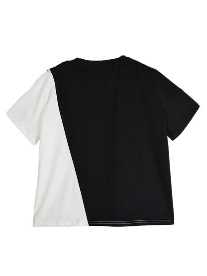 XITAO Gauze Patchwork Contrast Color T-Shirt O-neck Short Sleeve Loose All-match Personality Summer Woman T-shirt ZMY1265