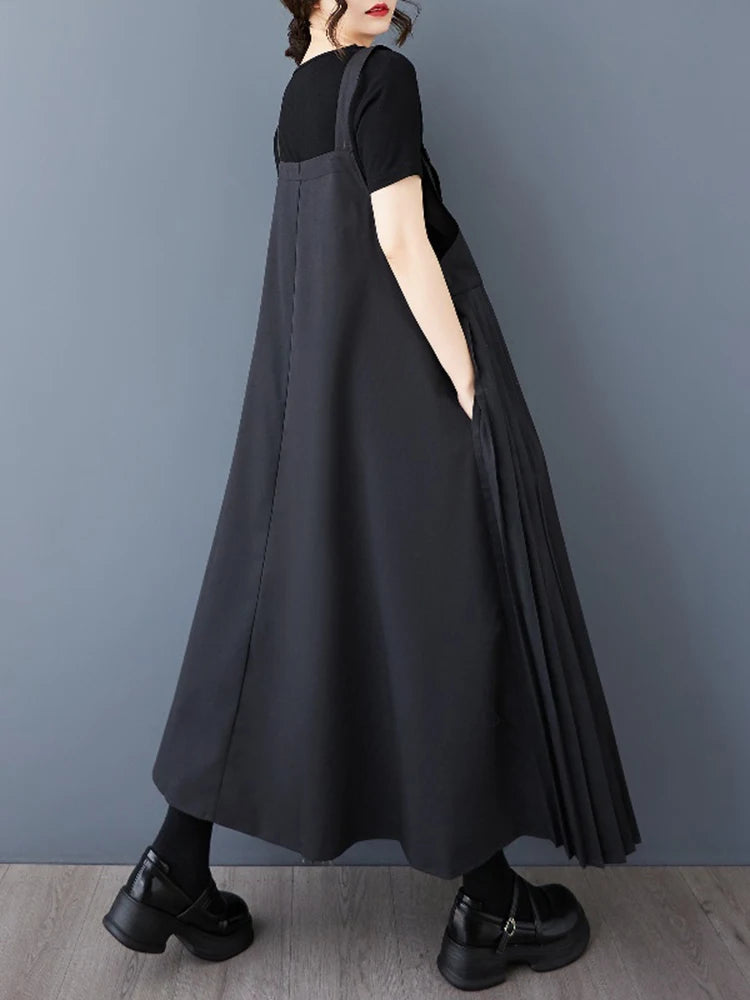 XITAO Pleated Patchwork Button Dress Sleeveless A-line Hong Kong All Match New Arrival Elegant Spring Women Dress ZMY1174