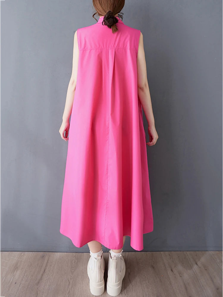 XITAO Zipper Pleated Lapel Dress Casual Sleeveless Solid Color Turn-down Collar A-line New Patchwork Summer Female Dress GYX1549