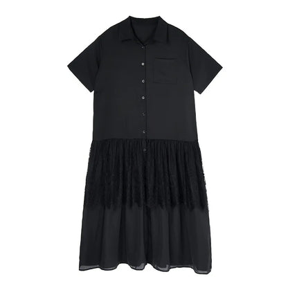 XITAO Lace Patchwork Gauze Single Breasted Dress Solid Color Turn-down Collar Short Sleeve Loose Women Slimming Dress ZMY1249
