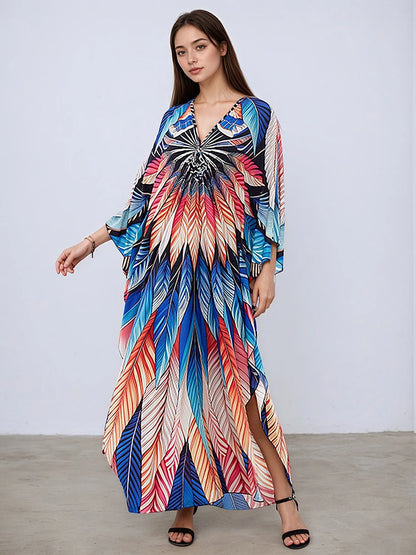 XITAO Contrast Color Print Patchwork Batwing Sleeve Dress Pullover Loose Slimming Casual Ankle-length Summer Women Dress GJ1142