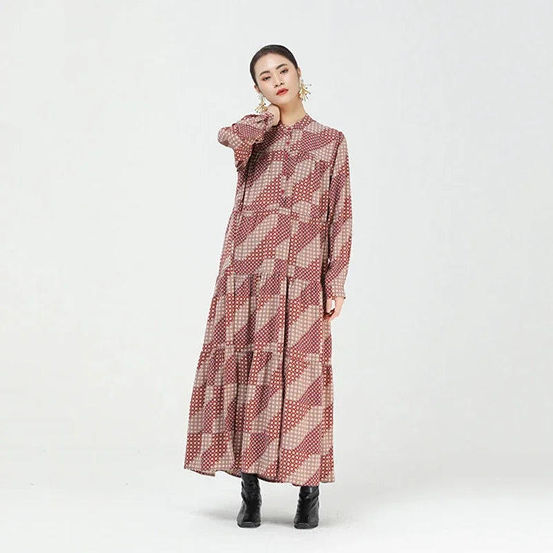 XITAO New Vintage Print Dress Fashion Contrast Color Splicing O neck Collar Long Sleeve Loose Women Casual All-match ZY4675
