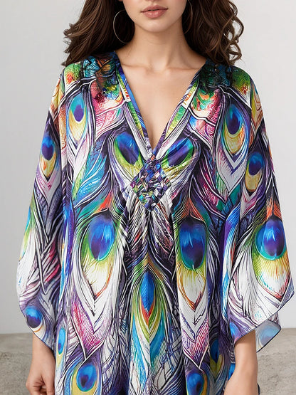 XITAO Irregular Cartoon Printing Bat Sleeve Dress Women Autumn Thin Beach V-neck Pullover Three Quarter Sleeve Dress GJ1206