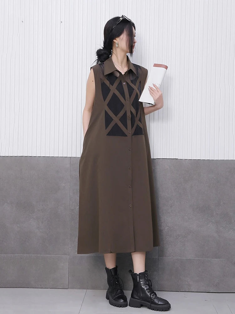 XITAO Mesh Perspective Sleeveless Dress Single Breasted Patchwork Turn-down Collar Loose Mid-calf A-line Casual Dress GYX1528