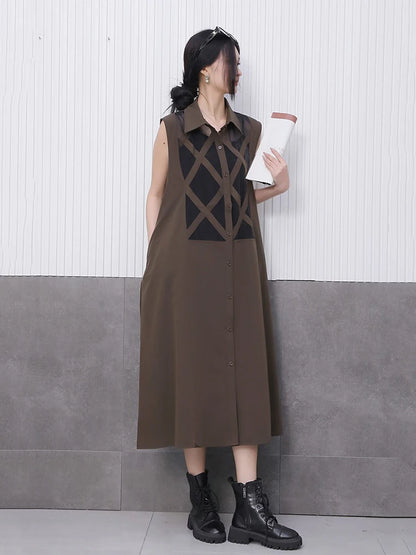 XITAO Mesh Perspective Sleeveless Dress Single Breasted Patchwork Turn-down Collar Loose Mid-calf A-line Casual Dress GYX1528
