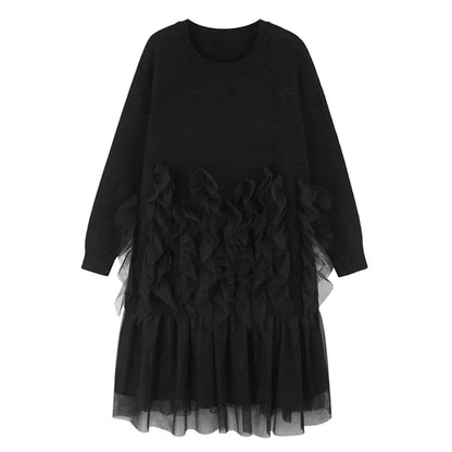 XITAO Lazy Style Patchwork Mesh Knitted Dress Casual O-neck Pullover Long Sleeve Mid-calf Female Loose Solid Color Dress GJ1106